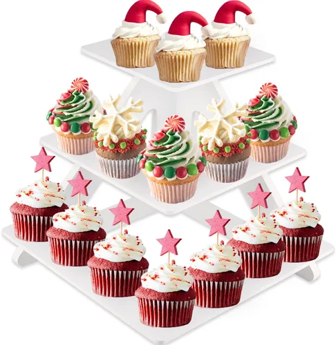 Miniatura 9 de Soporte para 24 cupcakes – Soporte rústico para cupcakes de 3 niveles plegable de madera – Soporte blanco para cupcakes – Torre de cupcakes