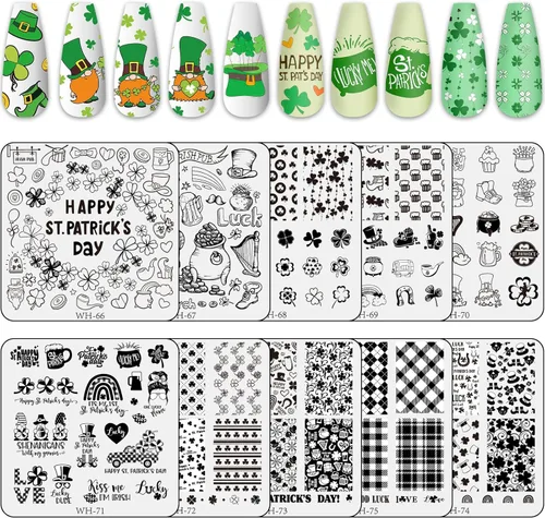 Whaline Juego de 10 placas de estampado de arte de uñas del día de San Patricio, plantillas de sello de imagen de gnomo de trébol, trébol de la