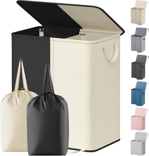 Miniatura 22 de Lifewit Cesta de lavandería doble con tapa y bolsas de lavandería extraíbles, gran plegable, 2 divisores, cesta de ropa sucia con asas para Negro
