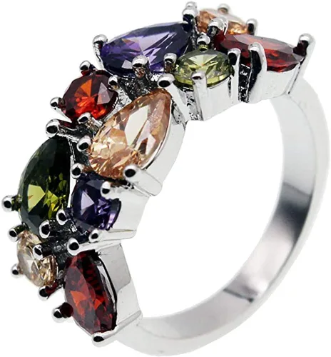 QIXINWANG Anillo de piedras preciosas múltiples, morganita, granate, amatista, peridoto y promesa, anillo de fiesta de boda para niñas y mujeres,
