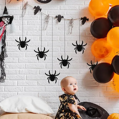 Miniatura 5 de Pancarta de decoración de fiesta de telaraña negra y morada de Halloween, 8 piezas de murciélagos de papel, remolinos colgantes, remolinos