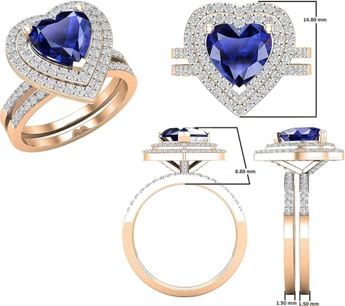 Miniatura 12 de Dazzlingrock Collection Juego de anillos de compromiso de doble halo con diamantes naturales redondos y piedras preciosas creadas en laboratorio