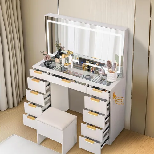 Miniatura 8 de Pamapic Tocador de 11 cajones con manijas doradas, rieles silenciosos mejorados, espejo de tocador con luces, 3 modos de iluminación, tocador