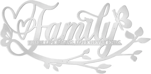 AUHOKY Letrero de metal con texto en inglés «Family Where Life Begins Love Never Ends» («Family Where Life Begins Love Never Ends») de metal, Plata