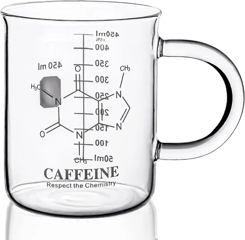 Taza de vaso de cafeína, taza de café de química de 16 onzas, vaso de borosilicato, vaso graduado medidor, 15.2 fl oz