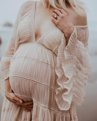 Miniatura 2 de Sevintage Bata de maternidad para sesión de fotos, tul con cuello en V, manga larga, con volantes, embarazo, baby shower, lencería nupcial