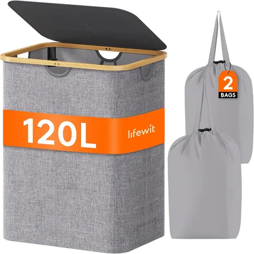 Miniatura 40 de Lifewit Cesta de ropa de 120L con tapa, cestas de ropa para lavandería con asas de bambú y una bolsa de lavandería extraíble, cesta plegable grande