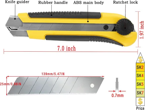 Miniatura 2 de Cuchillo utilitario extra resistente de 0.984 in, 3 unidades, cuchillo Exacto, cortador de caja, cuchillo de construcción, cuchillo retráctil de 1