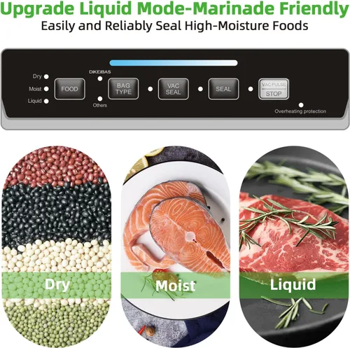 Miniatura 2 de Máquina selladora al vacío DIKEIBAS con 10 bolsas y rollo de bolsa de 10 pies Potente succión de 85kPa Sellador automático de alimentos