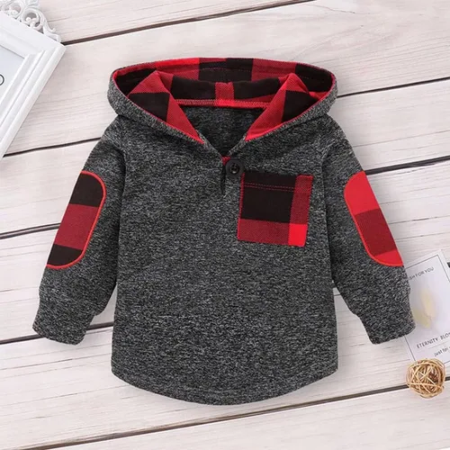 Miniatura 3 de Ropa de bebé niño para niños pequeños, traje de otoño e invierno, manga larga, bolsillo a cuadros, sudadera con capucha + pantalones, 2 piezas