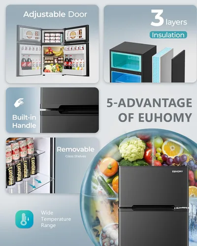 Miniatura 5 de EUHOMY - Refrigerador miniatura con congelador, 3.2 pies cúbicos, refrigerador miniatura con congelador, refrigerador de dormitorio con 2 puertas