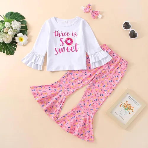 Miniatura 46 de Conjunto de ropa de cumpleaños para bebé niña pequeña, camiseta de manga larga, pantalones de campana, diadema