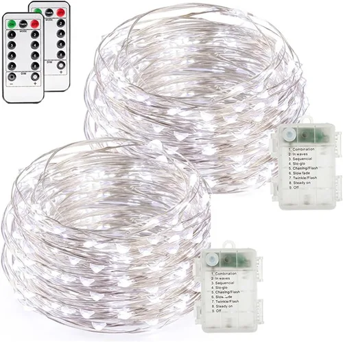 buways Luces de hadas, paquete de 2 unidades, funciona con pilas, impermeable, blanco frío, 50 luces LED, alambre plateado de 16.4 pies con control