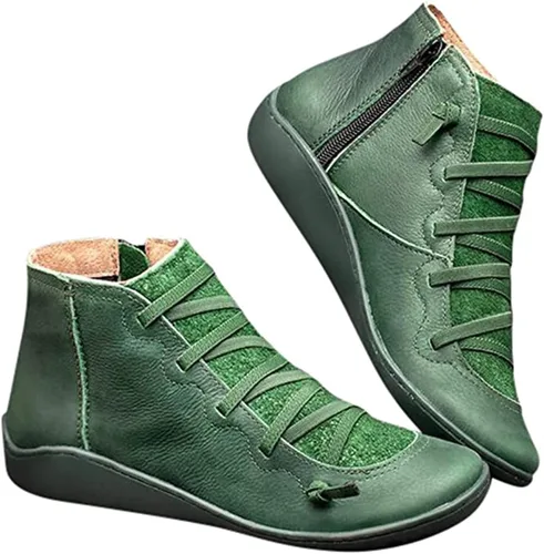 Miniatura 28 de Ladmiple Botas de tobillo para mujer, sin tacón, casual, con cremallera lateral, botas cortas vaqueras occidentales, zapatos para caminar V-Caqui