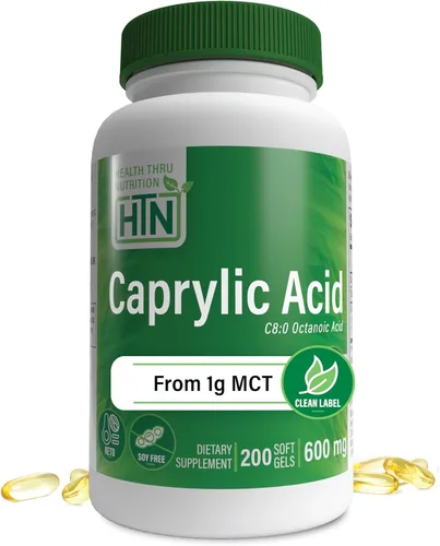 Health Thru Nutrition Ácido caprílico 600 mg 200 cápsulas blandas | Ácido octanoico C8 de aceite MCT puro de 0.04 oz | Sin OMG y sin soja | Apoya la