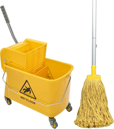 Cubo de fregona con escurridor, 22 cuartos (5.5 galones), limpieza de pisos, mango, ruedas, 16.5" L x 10.6" A x 26.4" Al, amarillo, más una fregona