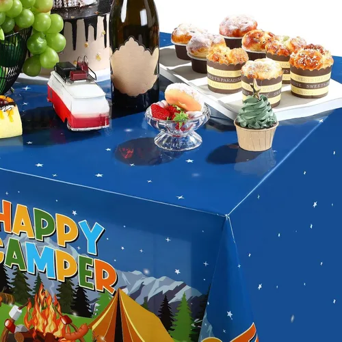 Miniatura 6 de Tegeme Mantel de plástico con temática de fogata y bosque, 1 pieza, para campamento, fiesta, suministros de decoración