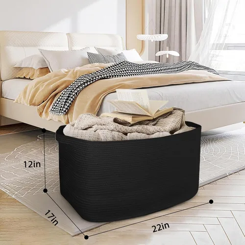 Miniatura 3 de Cesta negra extragrande, contenedor rectangular tejido de 22 x 17 x 12 pulgadas para almacenamiento, cuerda de algodón suave para habitación