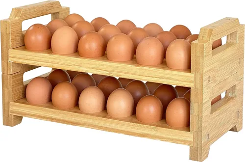 Miniatura 8 de Soporte para huevos de bambú, diseño apilable para huevos frescos, estante de almacenamiento de bandeja de huevos de granja, organizador de encimera