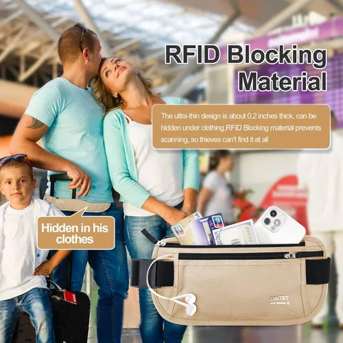 Miniatura 137 de DAITET Cinturón de dinero, soporte para pasaporte, cartera de viaje oculta segura con bloqueo RFID, riñonera encubierta (negro), Negro, Rfid