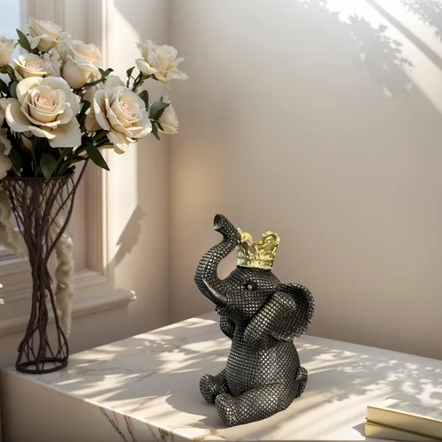 Miniatura 3 de Etlemonde Estatua de elefante para el hogar, decoración de rey negro y dorado con corona de elefante, escultura de elefante para sala de estar