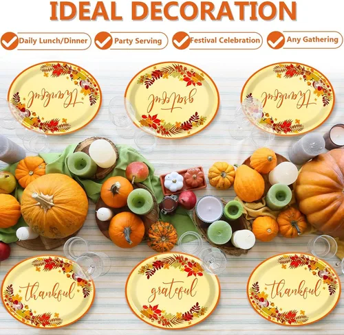 Miniatura 5 de Qyeahkj 50 PCS Platos de Papel Ovalados de Acción de Gracias Grandes 11" Heavy Duty Desechables Give Thanks Platos Decoraciones de Fiesta de Otoño