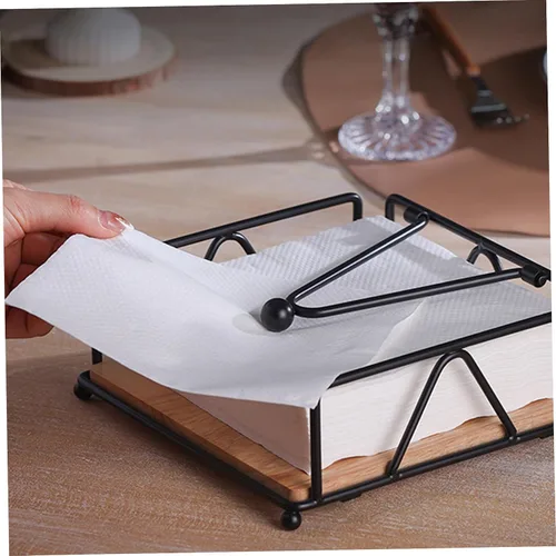 Miniatura 2 de Metal Napkin Holder with Weighted Tension Arm & Wooden Base, Rustic Dispenser for Table & Kitchen, Black