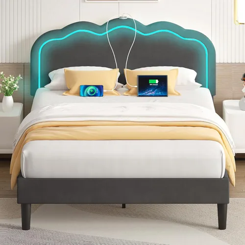 VECELO Marco de Cama Full Tapizado con Cabecero Ajustable, Luces LED, USB-A y Tipo C, Cama Plataforma de Terciopelo Sin Ruido, Base de Colchón con