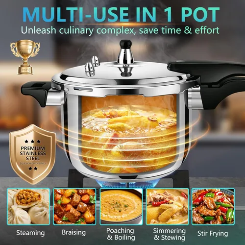 Miniatura 4 de Olla a presión de acero inoxidable de 6 cuartos de galón, resistente a presión de grado alimenticio 304 con válvula de seguridad y mango resistente