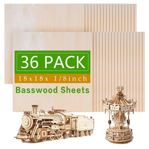 Miniatura 11 de Paquete de 36 hojas de tilo, tablero de madera contrachapada de 1/8 pulgadas, madera sin acabar, madera contrachapada de 0.118 in para corte láser