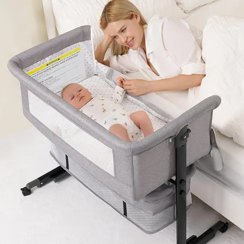 Miniatura 6 de Moisés para bebé, 3 en 1, para poner al lado de la cama, con ruedas, altura ajustable con modo de balanceo, malla transpirable, cesta