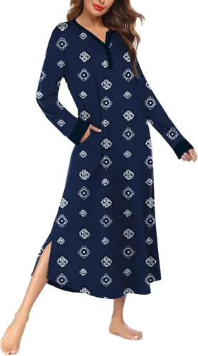 Miniatura 3 de Ekouaer Camisón largo para mujer con cuello en V, ropa de dormir de longitud completa con bolsillos