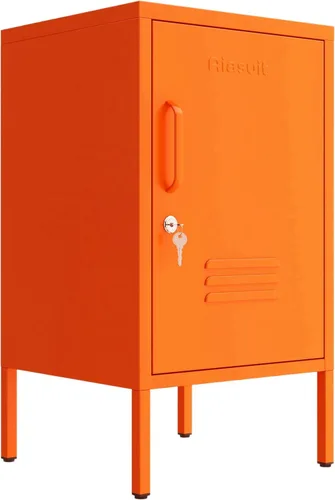 Miniatura 11 de Mesa auxiliar de una sola puerta, armario de almacenamiento de metal con cerradura, mesita de noche para niños de 2 niveles con estante ajustable