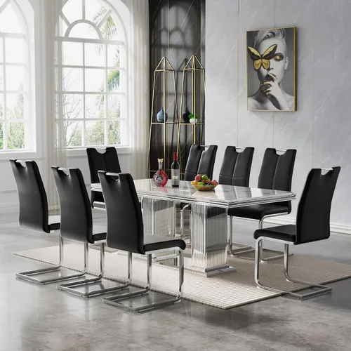 Miniatura 58 de 5 Piece Black Marble Dining Table Set for 4, Modern Faux Marble Kitchen Dining Room Tables with 4 Leather Chairs Set, 68.11" Luxury Rectangular