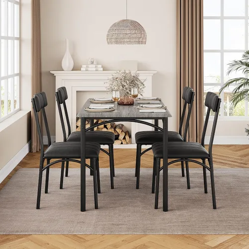 Miniatura 3 de Amyove Mesa y sillas de cocina, juego de mesa de comedor para 4 personas con sillas tapizadas, juego de mesa de cocina rectangular de metal y madera