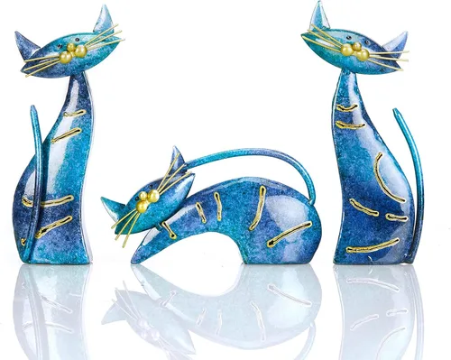 Aayla Estatuas de gato – Juego de 3 pequeñas figuras azules de gatos acuáticos, adorable regalo para los amantes de los gatos, decoración de la