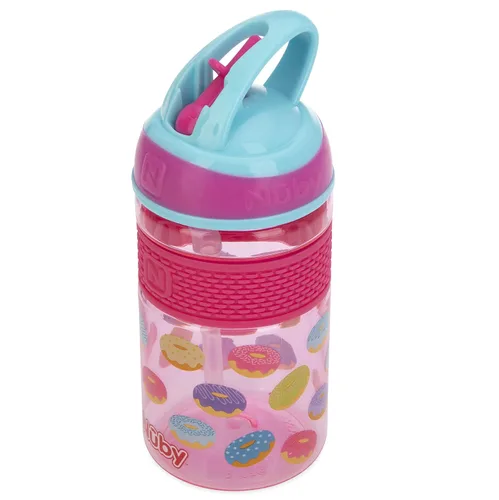 Miniatura 7 de Nuby Thirsty Kids Flip-it Freestyle On the Go Botella de agua con popote duro resistente a las mordeduras y banda de fácil agarre, rosquillas rosas