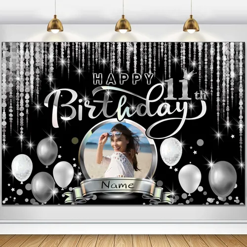 Miniatura 88 de Cartel de decoración de feliz cumpleaños número 100 personalizado - Personalización disponible - Negro y plateado - Tamaño grande - Admite fotos