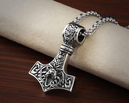 Miniatura 20 de Viking Thors Hammer Necklace Pendant - Vegvisir Aegishjalmur Helm of Awe Raven Huginn Muninn Pendant Necklace Amulet Talisman - Thor Necklace