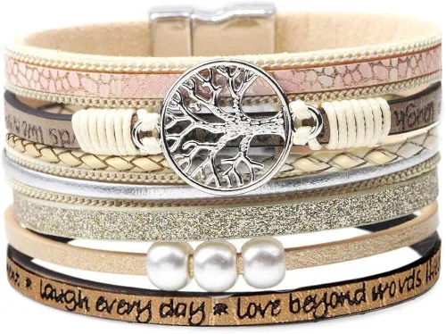 Pulseras inspiradoras de cuero con árbol de la vida para mujeres, regalos de joyería para adolescentes y niñas, Metal, Circonita cúbica