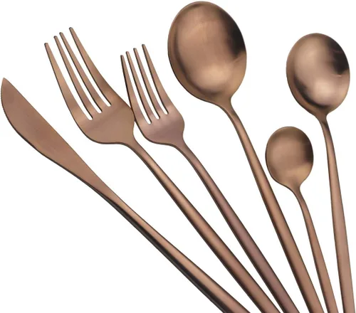 Miniatura 5 de Juego de cubiertos de cobre mate, acabado satinado, 20 piezas, acero inoxidable 18/10, cuchara, tenedor y cuchillo, servicio para 4, utensilios