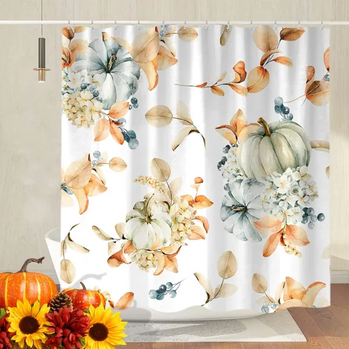 Miniatura 3 de Sanzugh Cortina de ducha de calabaza otoñal, lindas cortinas de ducha de tela floral naranja con ganchos de 72 x 72 pulgadas, decoración de baño