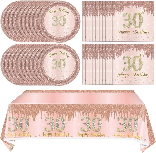 Miniatura 30 de Ryzovo - Decoraciones de cumpleaños 50 para mujer, platos de papel desechables negro y oro rosa, suministros de fiesta para 20 invitados, 41 piezas