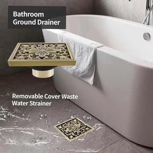 Miniatura 7 de MY MIRONEY Drenaje de suelo antiguo cuadrado de latón para ducha, escurridor de suelo de baño de 4 pulgadas con cubierta extraíble, colador de aguas