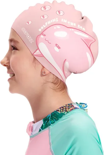 Miniatura 10 de COPOZZ Gorros de natación para niños, de silicona, impermeable, cómodo, gorro de natación para cabello largo y corto
