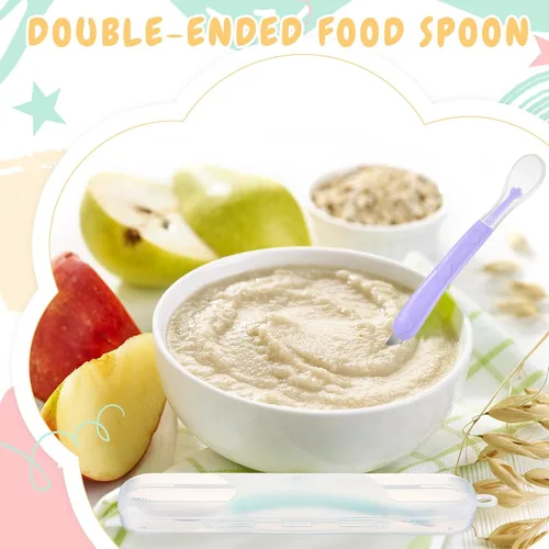 Miniatura 3 de Lallisa 2 cucharas de silicona para bebés, cuchara de comida para bebés de doble cabeza, alimentador de frutas, raspador de alimentos suave para rosa