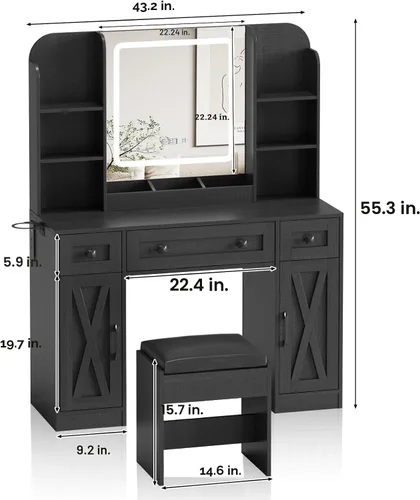 Miniatura 7 de Vabches Escritorio de tocador negro, espejo de tocador con luces, escritorio de maquillaje con taburete, mesa de maquillaje con grandes cajones
