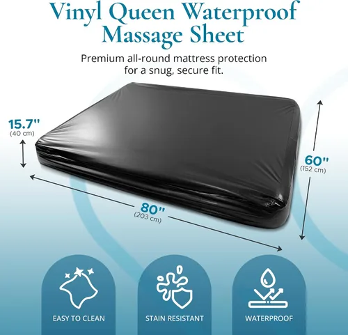 Miniatura 2 de Sábana Bajera de Vinilo Negro Queen Impermeable para Cama de Masaje con Bolsillo Lateral Protector de Colchón, Funda de Cama para Masaje Nuru