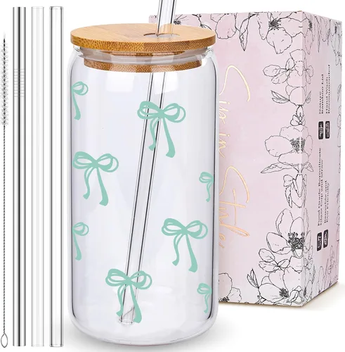 Miniatura 12 de BIPEDS Coquette Tazas de vidrio lindas con moño rosa y tapas y pajitas, taza de café helado estética, taza de diseño preppy femenino, regalos