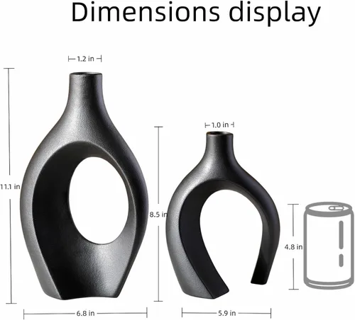 Miniatura 5 de Levvohd Juego de 2 Jarrones de Cerámica Negra XL para Decoración Moderna del Hogar, Jarrones Redondos Neutros Boho Donut de Hierba de las Pampas